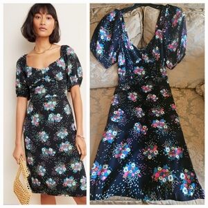 NWOT Anthropology Black Floral Puff Sleeves Midi Dress